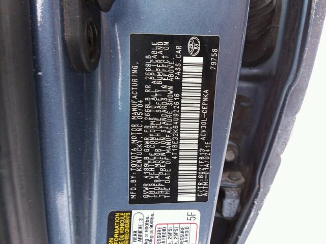 4T1BE32K64U922616 - 2004 TOYOTA CAMRY LE BLUE photo 10