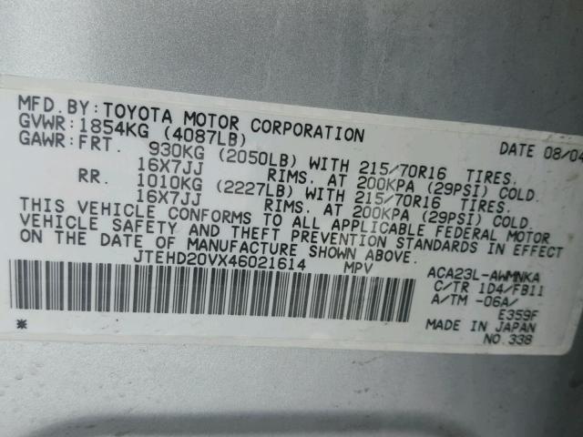 JTEHD20VX46021614 - 2004 TOYOTA RAV4 SILVER photo 10