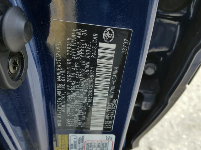 4T1BE32KX5U068571 - 2005 TOYOTA CAMRY LE BLUE photo 10