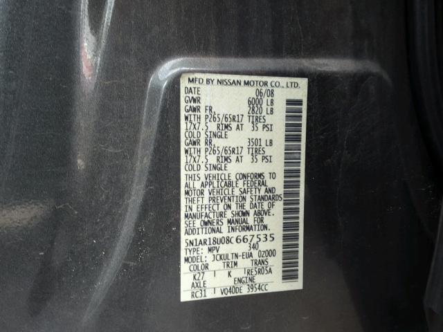 5N1AR18U08C667535 - 2008 NISSAN PATHFINDER GRAY photo 10