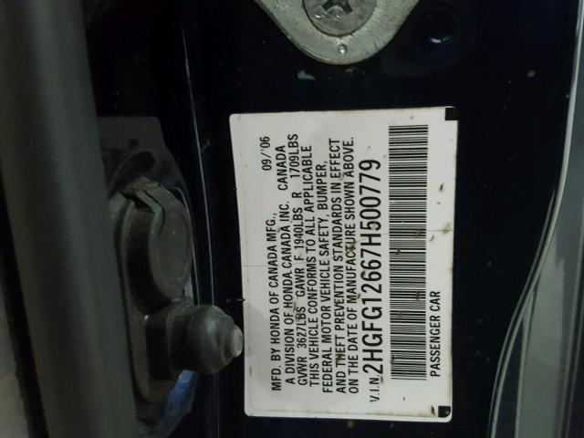 2HGFG12667H500779 - 2007 HONDA CIVIC LX BLUE photo 10