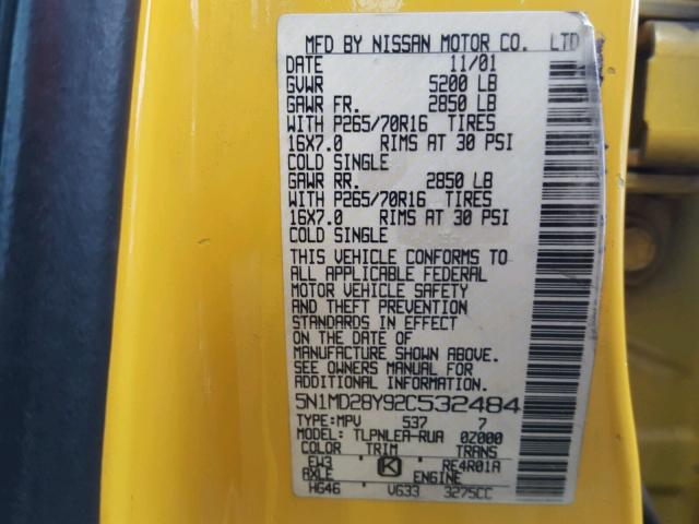 5N1MD28Y92C532484 - 2002 NISSAN XTERRA SE YELLOW photo 10