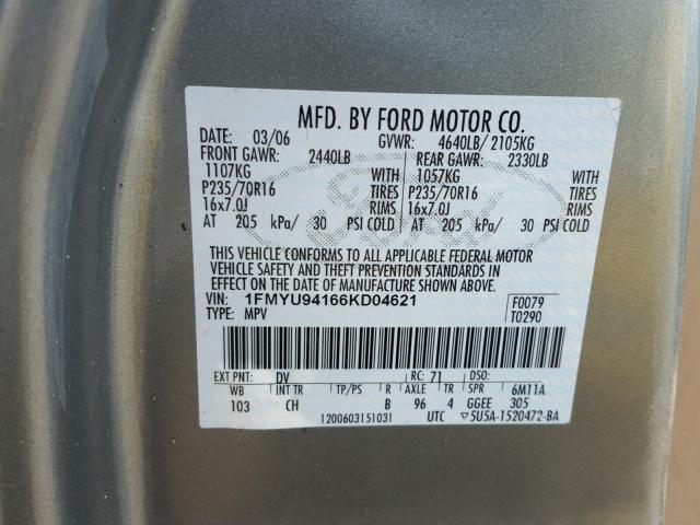 1FMYU94166KD04621 - 2006 FORD ESCAPE LIM GREEN photo 10