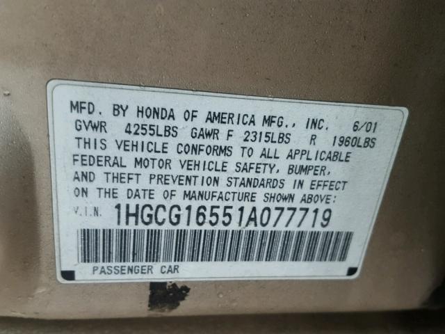 1HGCG16551A077719 - 2001 HONDA ACCORD EX CREAM photo 10