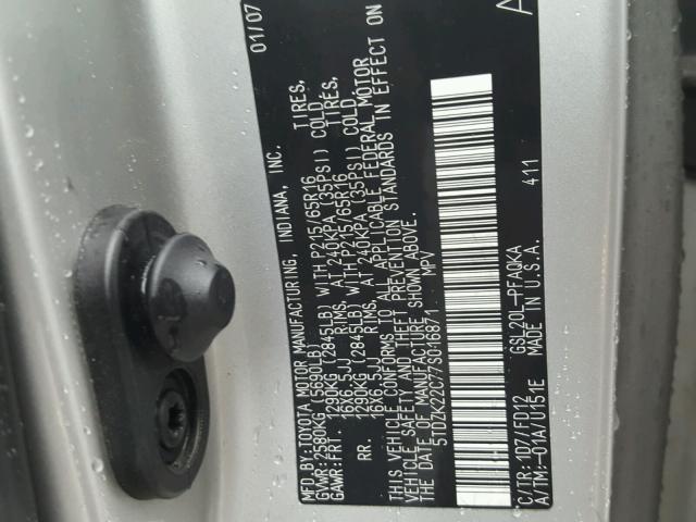 5TDZK22C77S016871 - 2007 TOYOTA SIENNA XLE SILVER photo 10