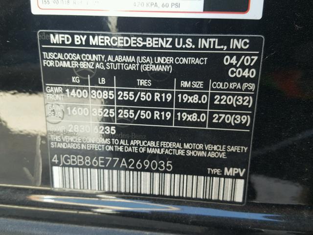 4JGBB86E77A269035 - 2007 MERCEDES-BENZ ML 350 BLACK photo 10