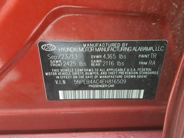 5NPEB4AC4EH816509 - 2014 HYUNDAI SONATA GLS RED photo 10