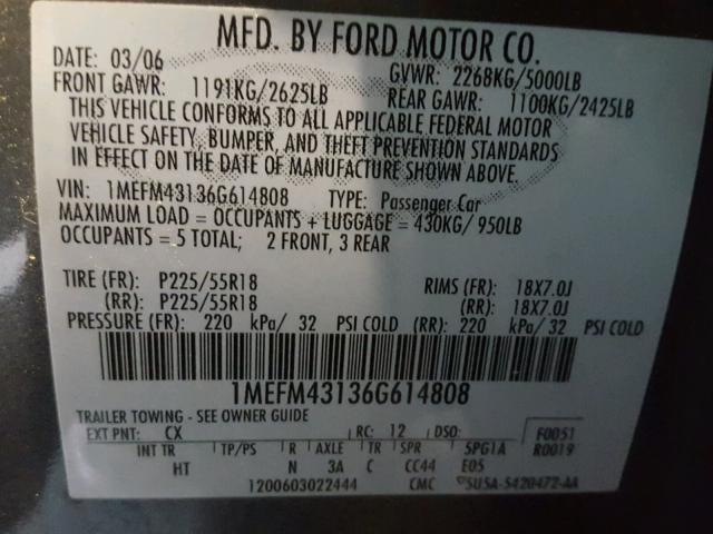 1MEFM43136G614808 - 2006 MERCURY MONTEGO PR 灰色 照片 10