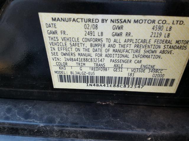 1N4BA41E88C832547 - 2008 NISSAN MAXIMA SE BLACK photo 10