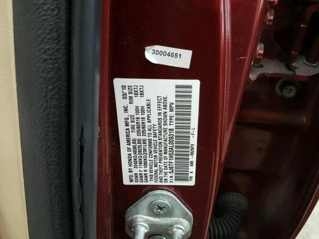 5J6TF1H53AL009318 - 2010 HONDA ACCORD CRO RED photo 10