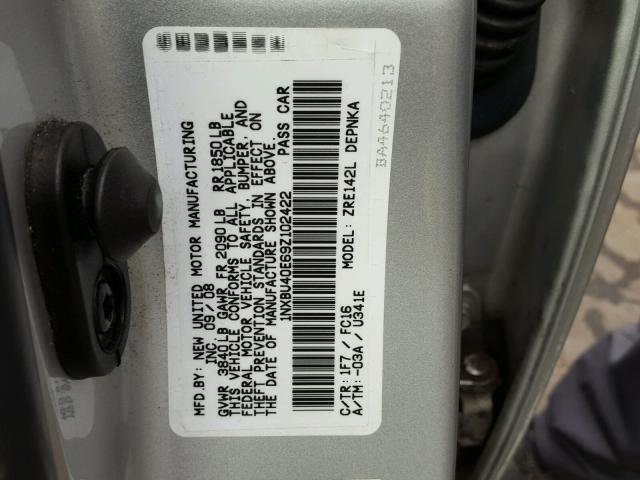 1NXBU40E69Z102422 - 2009 TOYOTA COROLLA BA SILVER photo 10