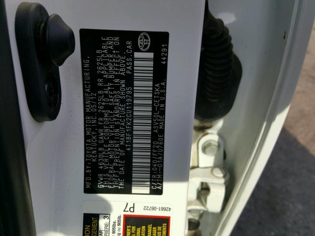4T1BF1FK2CU119795 - 2012 TOYOTA CAMRY BASE WHITE photo 10