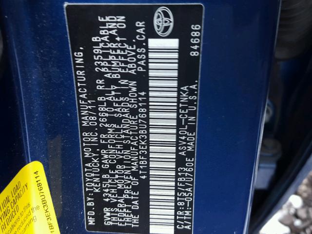 4T1BF3EK3BU768114 - 2011 TOYOTA CAMRY BASE BLUE photo 10