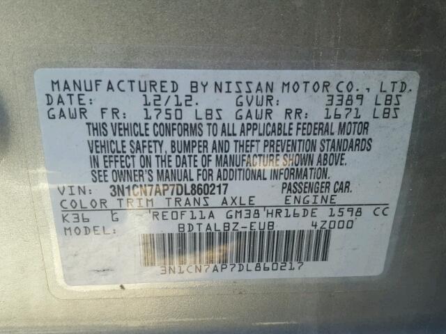 3N1CN7AP7DL860217 - 2013 NISSAN VERSA S GRAY photo 10