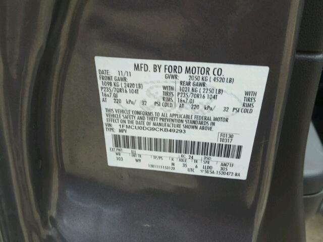 1FMCU0DG9CKB49293 - 2012 FORD ESCAPE XLT GRAY photo 10