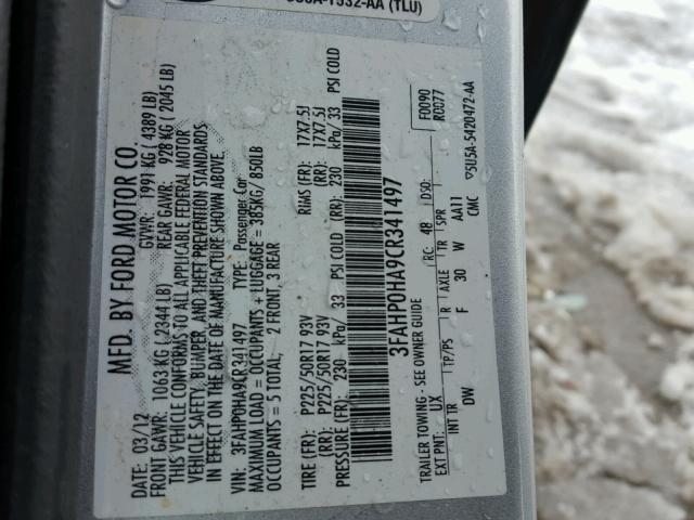 3FAHP0HA9CR341497 - 2012 FORD FUSION SE SILVER photo 10