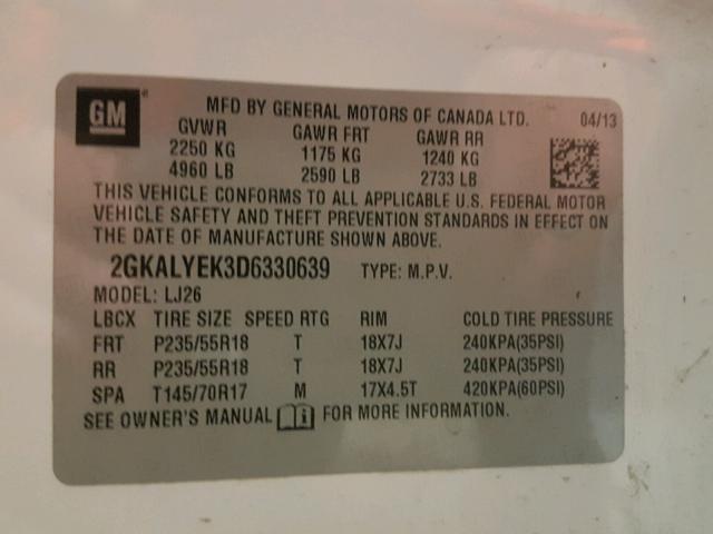 2GKALYEK3D6330639 - 2013 GMC TERRAIN DE WHITE photo 10