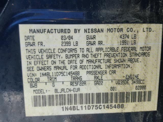 1N4BL11D75C145488 - 2005 NISSAN ALTIMA SE BLUE photo 10