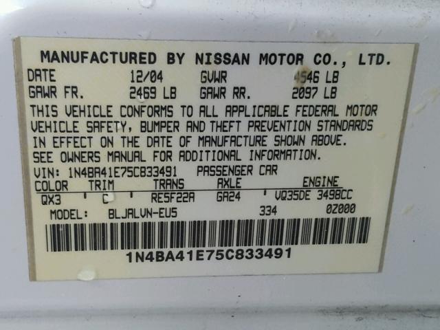 1N4BA41E75C833491 - 2005 NISSAN MAXIMA SE WHITE photo 10