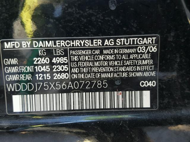 WDDDJ75X56A072785 - 2006 MERCEDES-BENZ CLS 500C BLACK photo 10