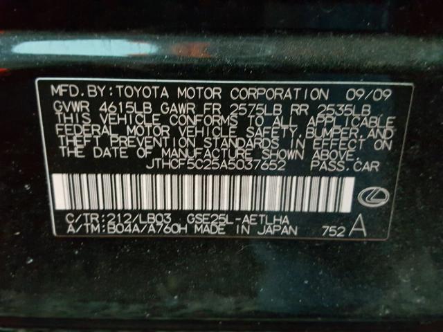 JTHCF5C25A5037652 - 2010 LEXUS IS 250 BLACK photo 10