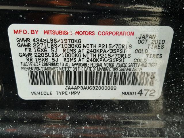 JA4AP3AU6BZ003089 - 2011 MITSUBISHI OUTLANDER BLACK photo 10