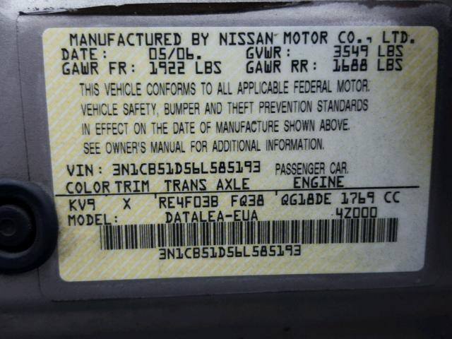 3N1CB51D56L585193 - 2006 NISSAN SENTRA 1.8 BEIGE photo 10