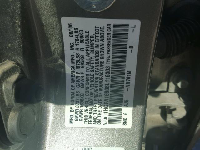 1HGFA16806L116303 - 2006 HONDA CIVIC EX GRAY photo 10