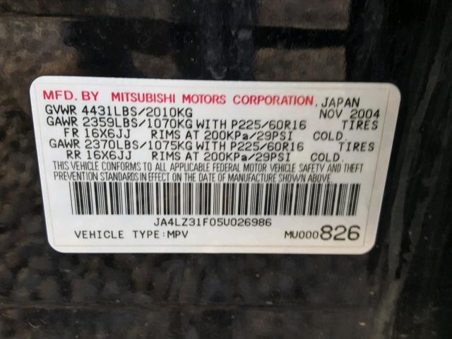 JA4LZ31F05U026986 - 2005 MITSUBISHI OUTLANDER BLACK photo 10