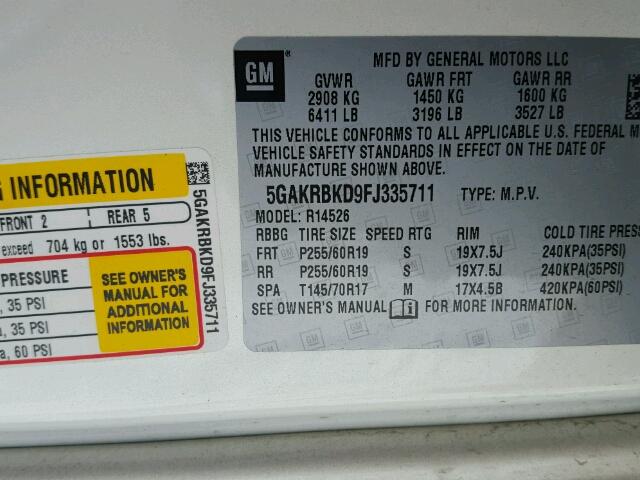 5GAKRBKD9FJ335711 - 2015 BUICK ENCLAVE WHITE photo 10