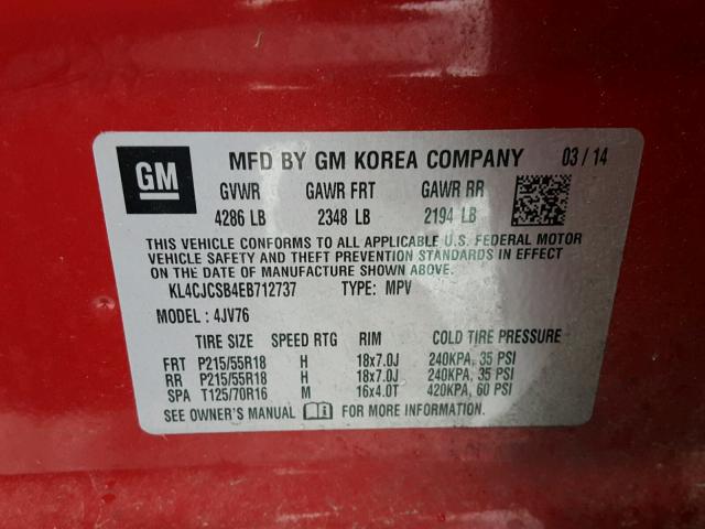 KL4CJCSB4EB712737 - 2014 BUICK ENCORE RED photo 10