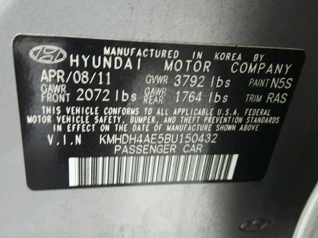 KMHDH4AE5BU150432 - 2011 HYUNDAI ELANTRA GL GRAY photo 10