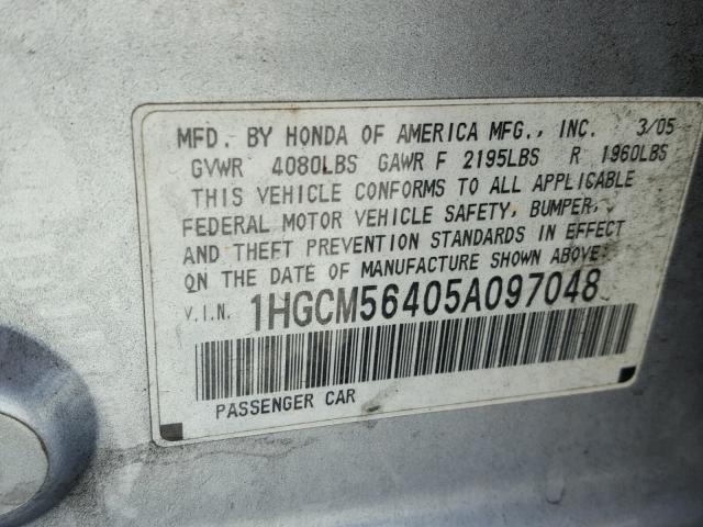 1HGCM56405A097048 - 2005 HONDA ACCORD LX SILVER photo 10