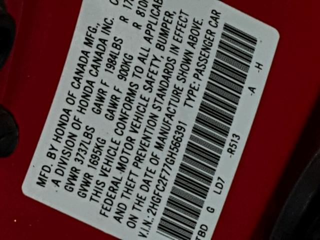 2HGFC2F77GH566391 - 2016 HONDA CIVIC EX RED photo 10
