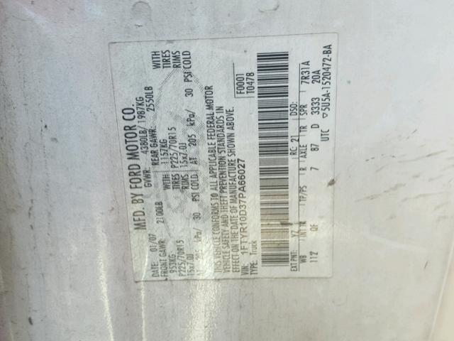 1FTYR10D37PA66027 - 2007 FORD RANGER WHITE photo 10