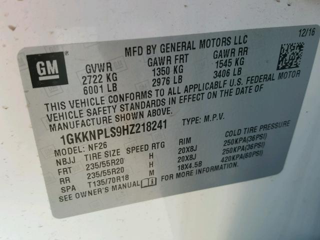 1GKKNPLS9HZ218241 - 2017 GMC ACADIA DEN WHITE photo 10