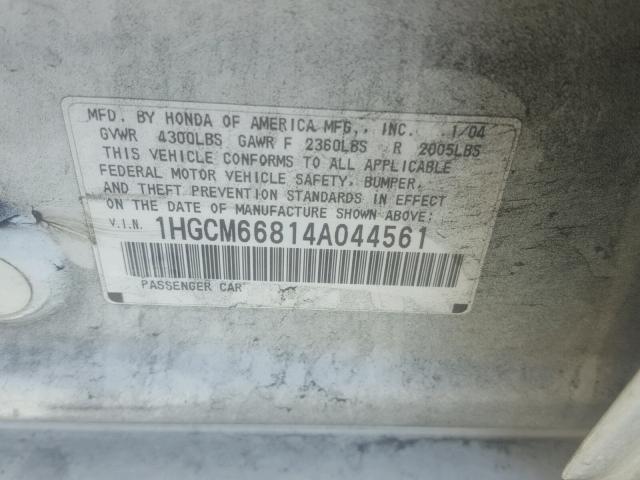 1HGCM66814A044561 - 2004 HONDA ACCORD EX WHITE photo 10