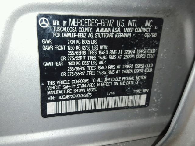 4JGAB72E4XA063876 - 1999 MERCEDES-BENZ ML 430 SILVER photo 10