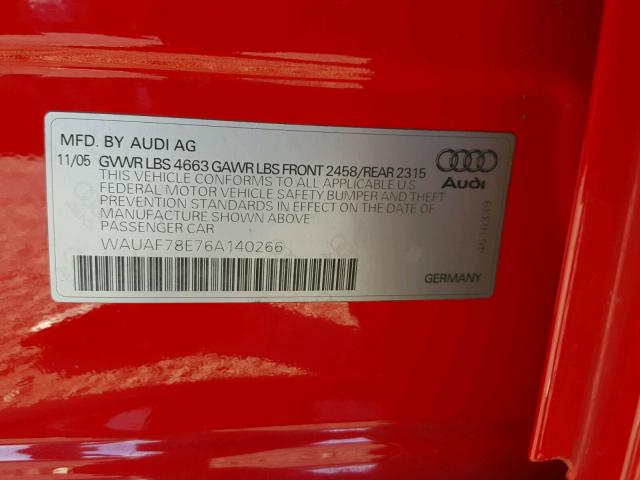 WAUAF78E76A140266 - 2006 AUDI A4 2 RED photo 10