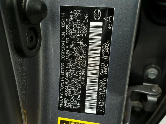 JTHKD5BH8E2200213 - 2014 LEXUS CT 200 GRAY photo 10