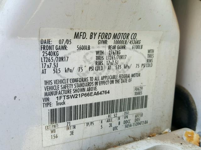 1FTSW21P66EA64764 - 2006 FORD F250 SUPER WHITE photo 10