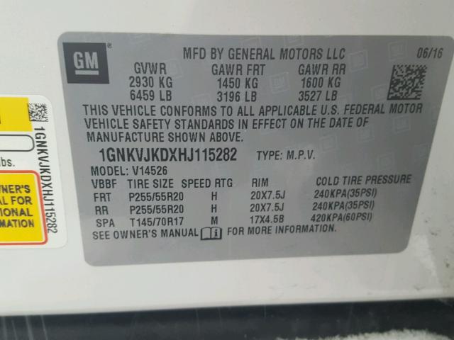 1GNKVJKDXHJ115282 - 2017 CHEVROLET TRAVERSE P WHITE photo 10