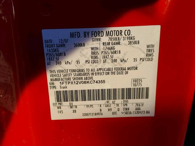 1FTPX12V08KC74355 - 2008 FORD F150 RED photo 10