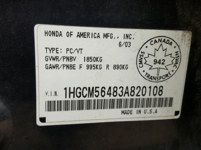 1HGCM56483A820108 - 2003 HONDA ACCORD LX CHARCOAL photo 10