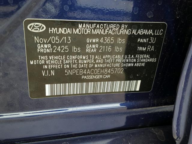 5NPEB4AC0EH845702 - 2014 HYUNDAI SONATA GLS BLUE photo 10