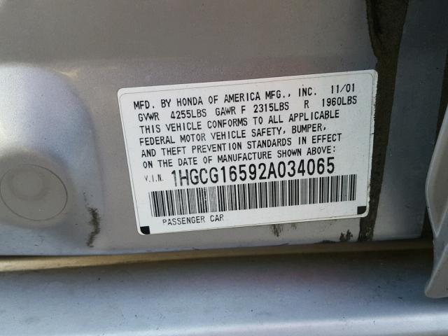 1HGCG16592A034065 - 2002 HONDA ACCORD EX SILVER photo 10