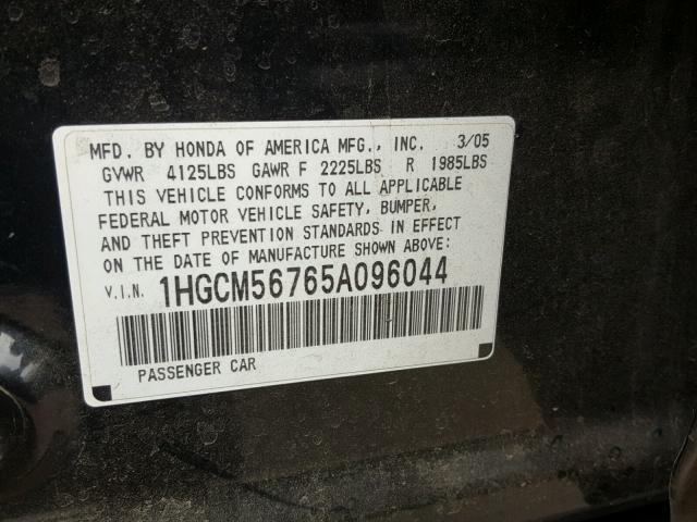 1HGCM56765A096044 - 2005 HONDA ACCORD EX BLACK photo 10