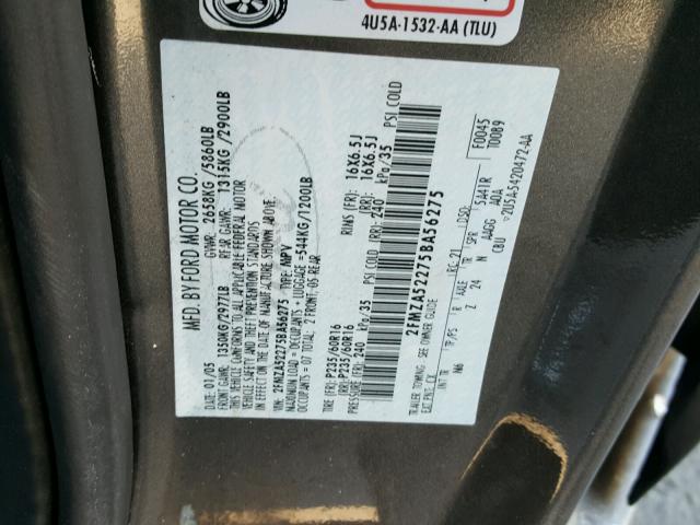 2FMZA52275BA56275 - 2005 FORD FREESTAR S GRAY photo 10