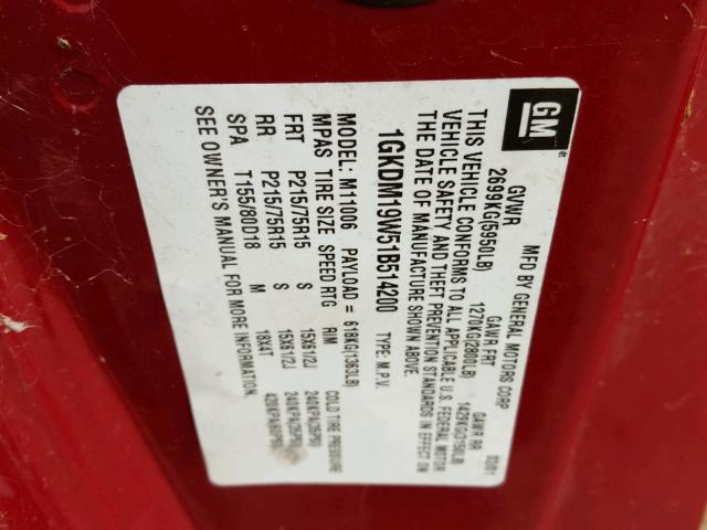 1GKDM19W51B514200 - 2001 GMC SAFARI XT RED photo 10