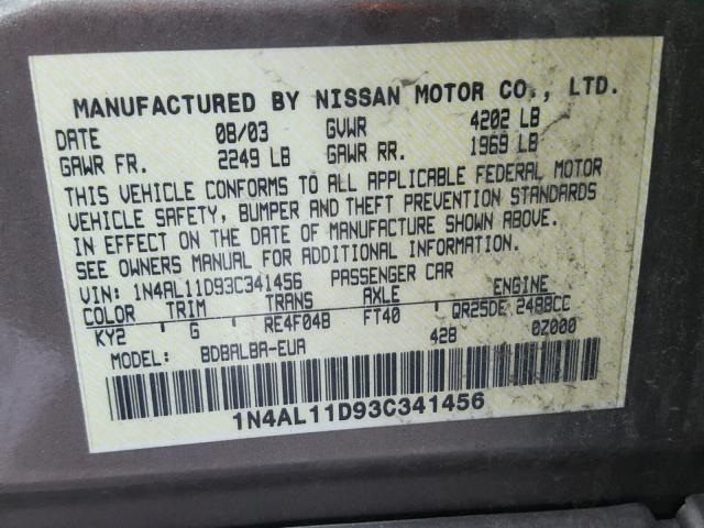 1N4AL11D93C341456 - 2003 NISSAN ALTIMA BAS BEIGE photo 10